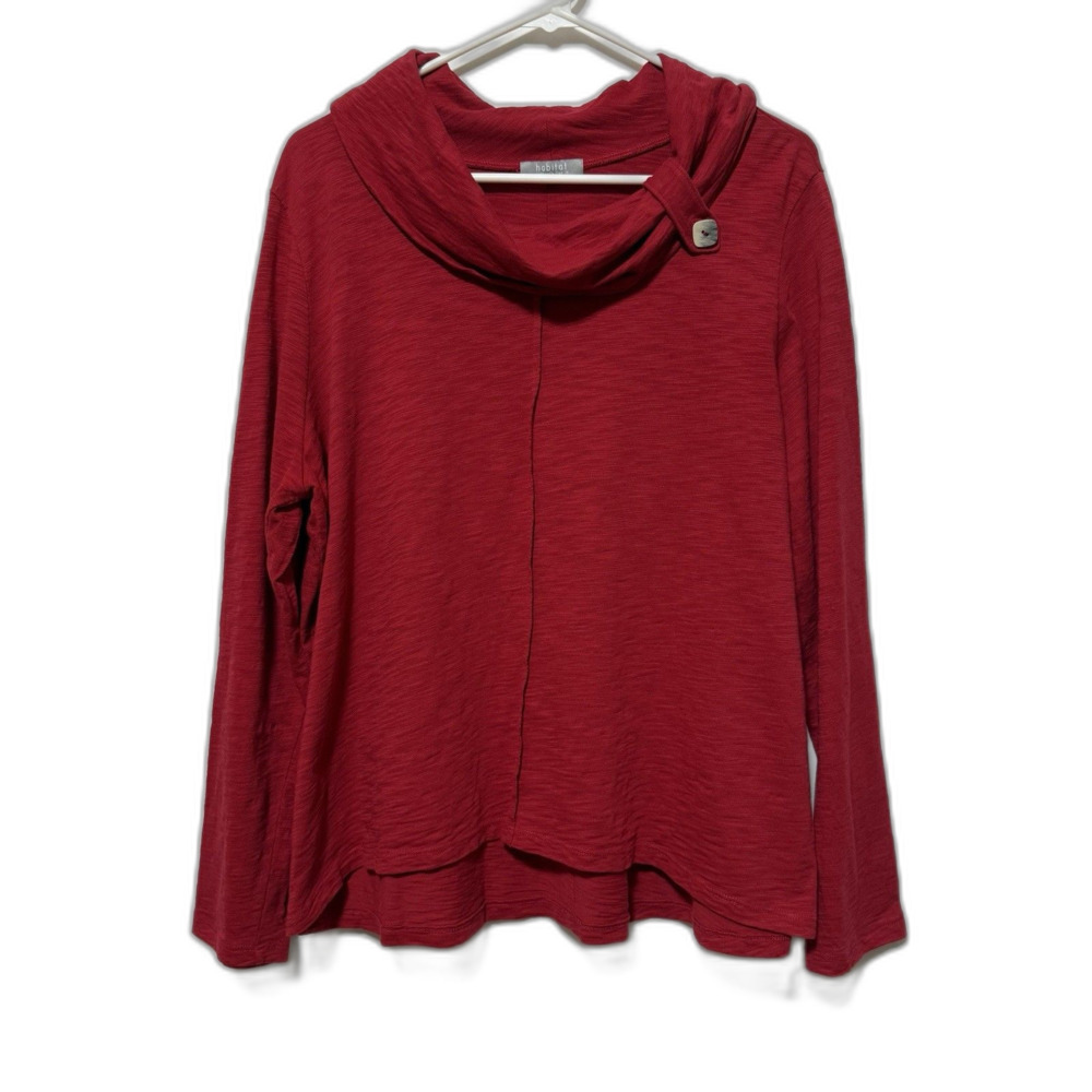 Habitat Women’s L Red Cowl Neck Tunic Top Long Sleeve Button Detail Cotton
